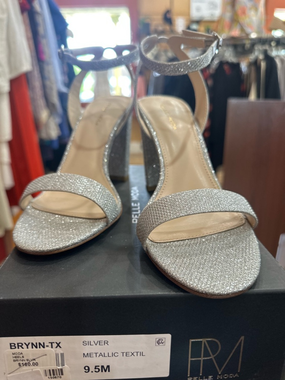 Pelle Moda Silver Glitter Block Heel Sandals with Ankle Strap - Picture 4 of 7